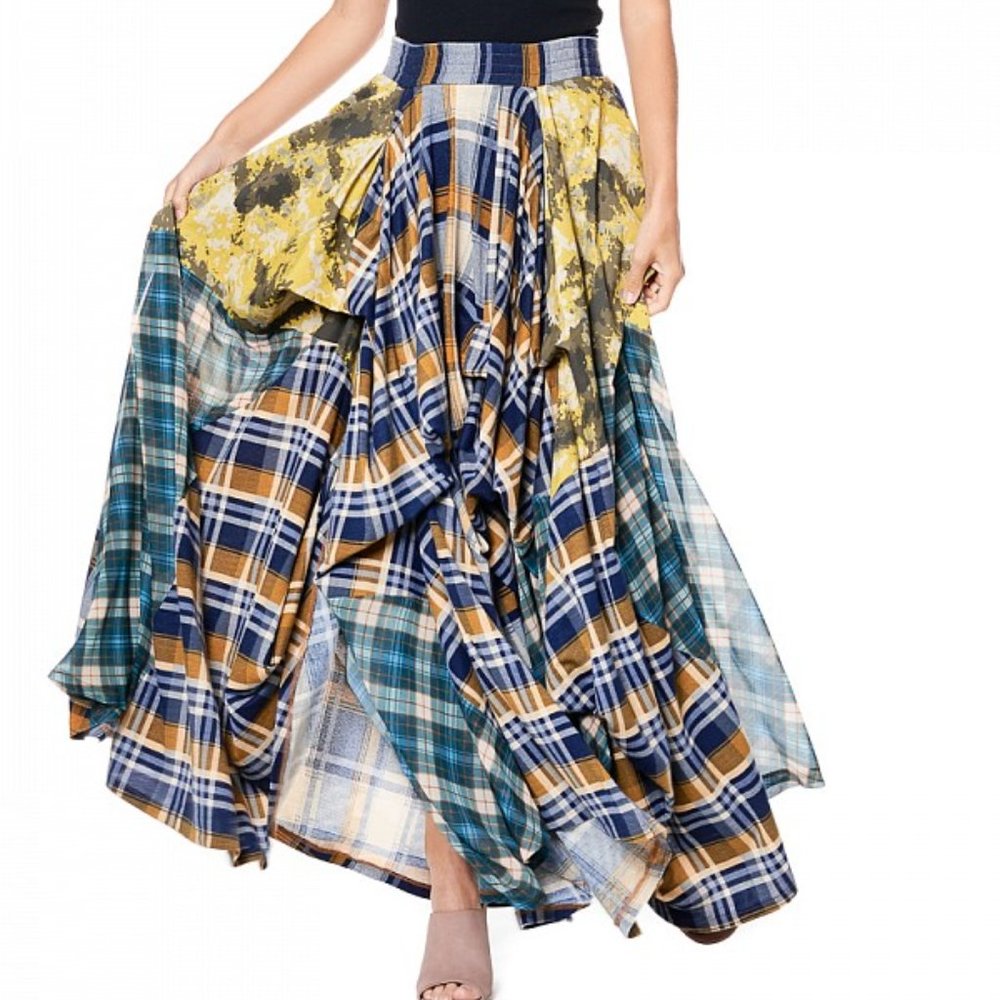 NWT TOV HOLY The Damsel's Yellow Plaid Flowing Maxi Skirt - Picture 5 of 9